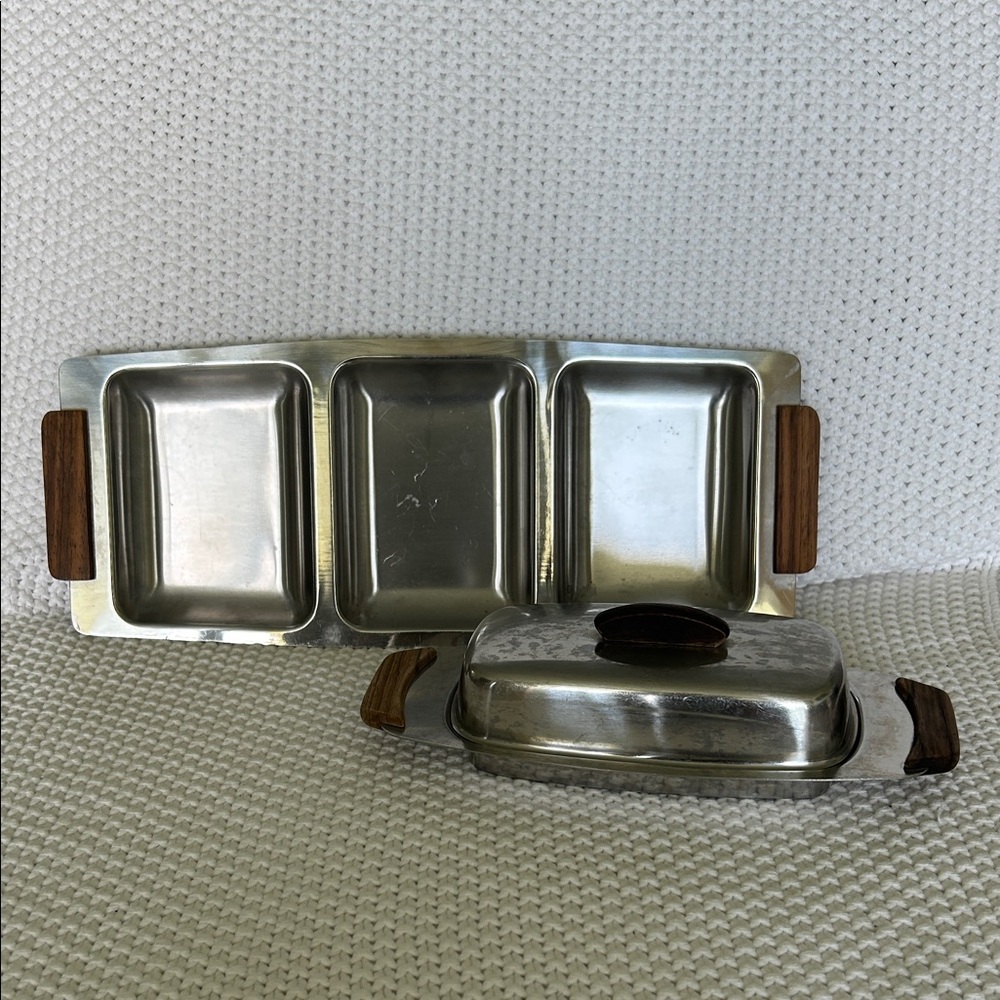 Vintage Stainless Steel Teak Wood Serving Tray  and Butter Set MCM